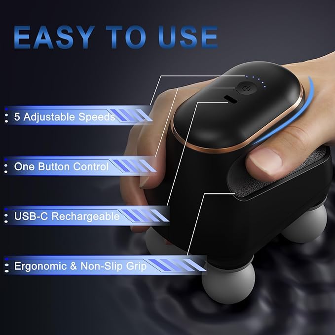 4 Head Massage Gun Deep Tissue, Mini Percussion Muscle Massage Gun for Pain Relief, Portable Electric Muscle Massager with 5 Speeds, 3 Attachments, USB Rechargeable - Ideal Gift for Men & Women