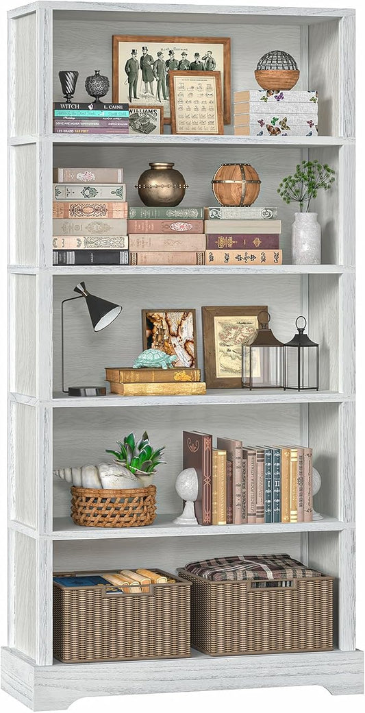 TVU 5-Tier Wooden Book Shelf, 65" Tall Bookshelf with Storage, Floor-Standing Display Bookcase, Farmhouse Style Bookshelf with Arched Base, Suitable for Living Room, Study, Office, Antique White