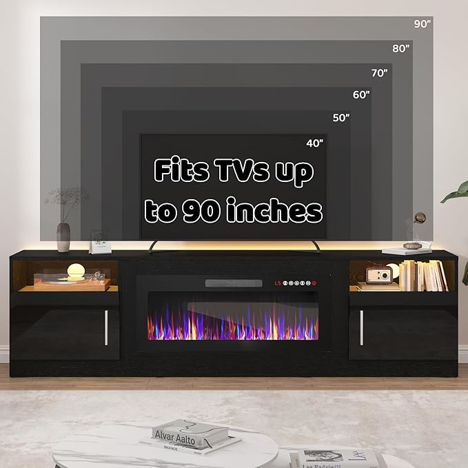 Lemberi Fireplace tv Stand with 36 inch Fireplace Up to 90" TVs, LED Light Entertainment Center and Storage, 80" Modern Wood Media TV Console with Highlight Cabinet for Living Room (Black)