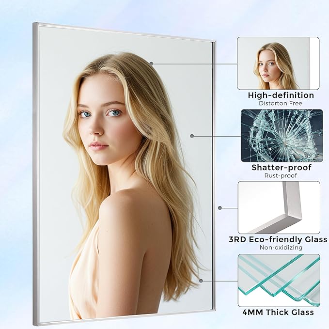 30x30 Inch Nickel Bathroom Mirror for Wall, Aluminum Frame Rectangle Rectangular Vanity Mirror, Modern Large for Bedroom, Living Room, Horizontal or Vertical