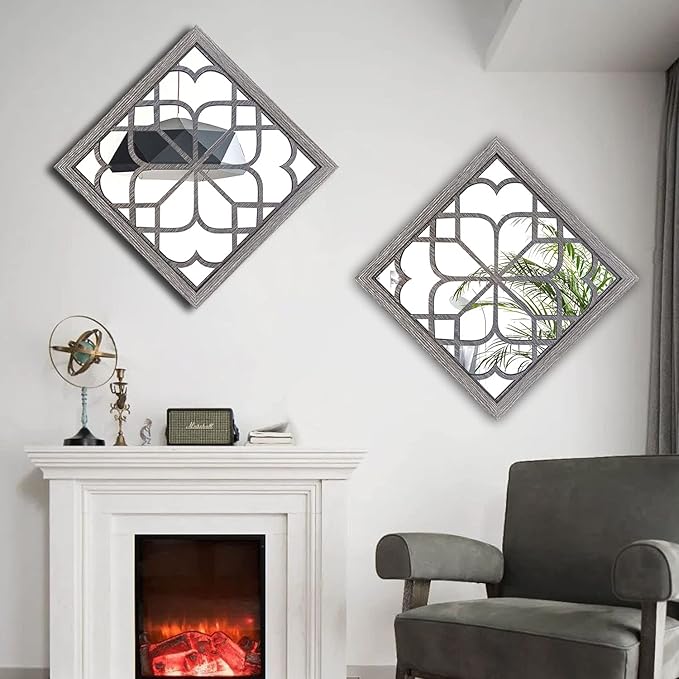 Wocred 2 PCS Square Wall Mirror,Gorgeous Rustic Farmhouse Accent Mirror,Barn Wood Color Entry Mirror for Bathroom Renovation,Bedrooms,Living Rooms and More(20”x20”)