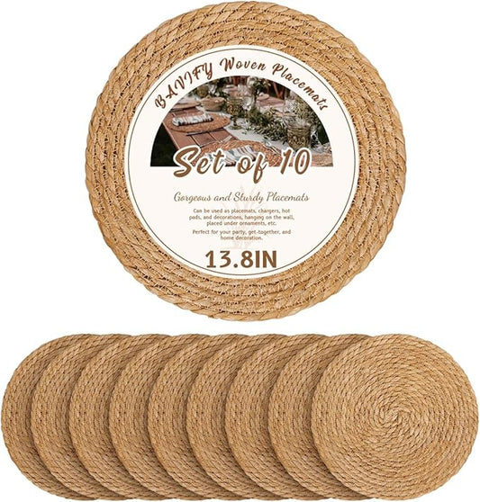 13.8 in Round Woven Placemats Plate Chargers Set of 10, Rattan Wicker Table Mats Chargers for Dinner Plates Boho Farmhouse Rustic Place Mats for Dining Table Decor