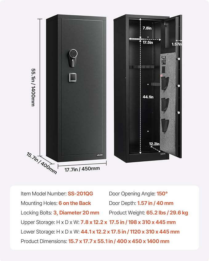 VEVOR 8-10 Gun Safe, Long Gun Cabinet for Rifles and Pistols, Quick Access Fireproof Rifle Safe with 3 Pistol Pockets and Adjustable Racks, Large Digital Cabinet with Fingerprint and Password Lock
