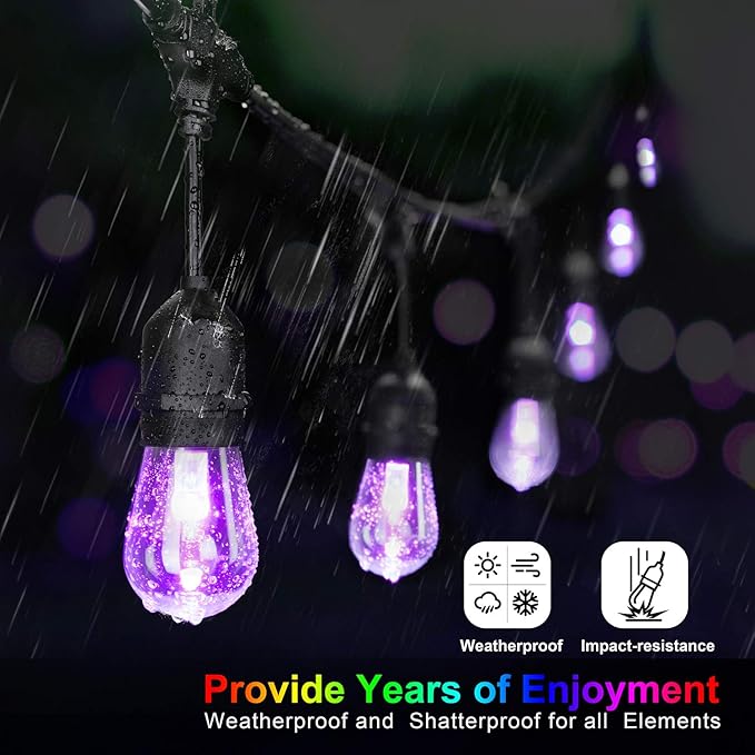 Mlambert 48FT Outdoor Patio Lights Waterproof Dimmable with Remote, RGB Cafe LED String Light with 15 Shatterproof Bulbs for Bistro Party-Black 1 Pack