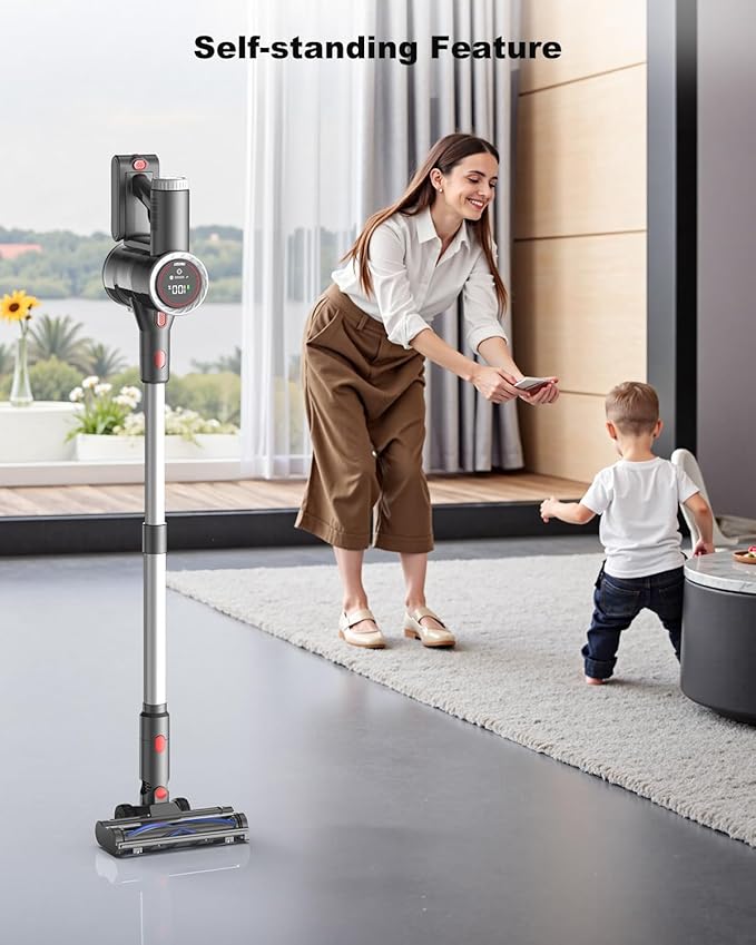 Cordless Vacuum Cleaner, 6-in-1 Lightweight Stick Vacuum with 45mins Runtime, LED Display &amp; Light, Self-Standing, Rechargeable Cordless Vacuum for Carpet, Tile, Pet Hair, Hardwood Floors (Gray)