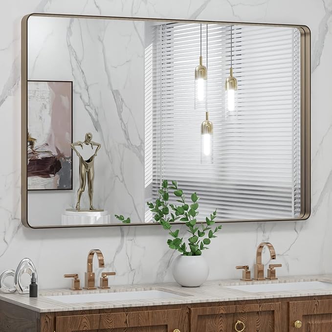 LOAAO 48”X30” Bronze Bathroom Mirrors for Vanity, Rounded Rectangle Brushed Bronze Metal Frame Mirror, Anti-Rust, Tempered Glass, Hangs Horizontally or Vertically