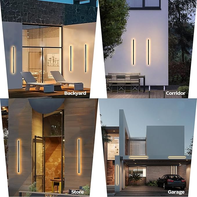 Modern Outdoor Wall Light, 2 Pack 59 Inch Exterior Wall Sconce - Dimmable 3000K-6000K - IP65 Waterproof Black LED Long Wall Light for House Porch Garage Patio