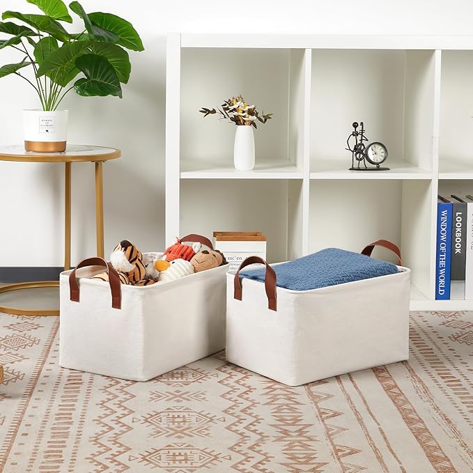 DULLEMELO Foldable Fabric Storage Bins for Closet Organization - Set of 2 Decorative Bins for Bedroom, Natural Color