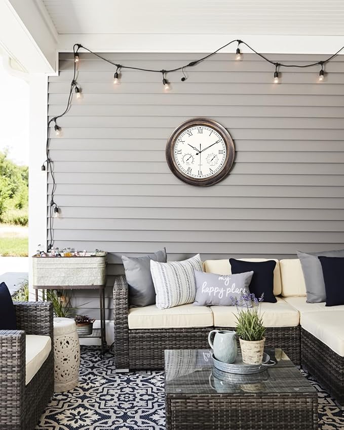 18 Inch Outdoor Clocks Waterproof, Vintage Silent Battery Operated Wall Clock with Thermometer and Humidity Combo - Large Metal Clock for Patio, Deck, Pool &amp; Garden - Bronze Roman Numeral