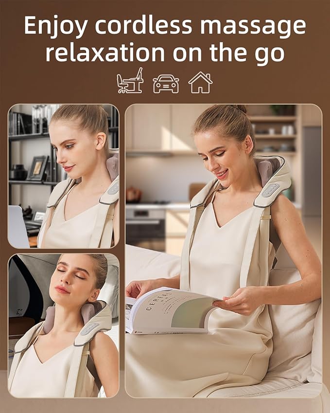 Neck Massager for Pain Relief deep Tissue Relieves Tension Kneading Massager with Heat Improves Circulation Eases Muscle Soreness,Ideal Gifts(Beige)