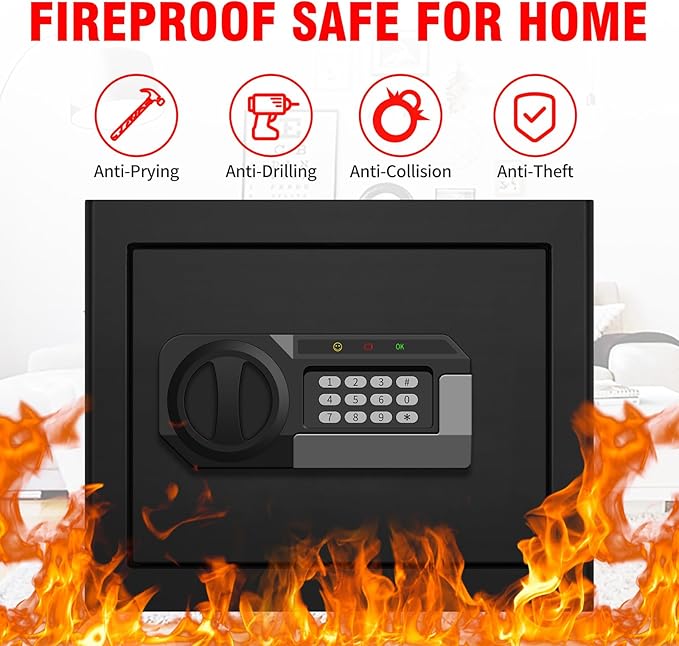 1.6 Cub Fire Proof Safe for Home Documents, Anti-Theft Digital Security Box with Electronic Keypad Lock and Spare Key, Small Safes for Home Use Fire and Water proof for Money Jewelry Valuables