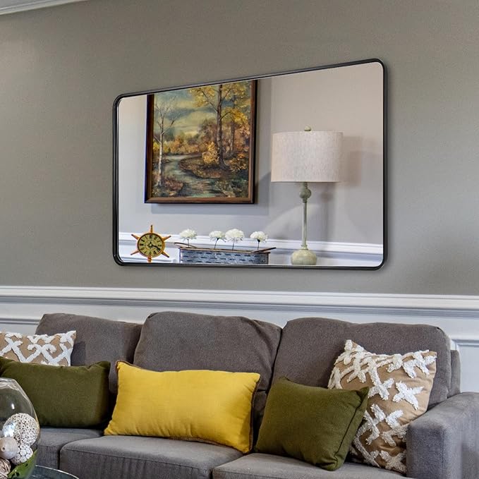 ANDY STAR 30''x48'' Black Bathroom Mirror, Rounded Rectangle Black Metal Framed Bathroom Vanity Mirror for Wall, Iron Tube, 1'' Deep, Wall-Mounted Horizontal/Vertical