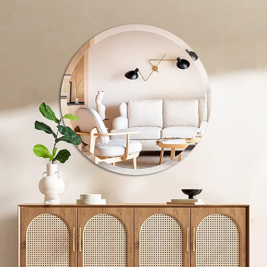 32" Frameless Beveled Round Mirror with 1" Edge for Bathroom, Entryways, Vanity, Wall Decor