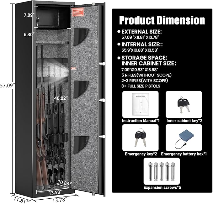 8-12 Gun Safe, Biometric Rifle Safe, 57"Heavy Duty Long Gun Cabinet for Rifles and Shotguns, Quick Access Gun Cabinet for Home Rifles and Pistols with LCD Keypad, Dual Alarm System