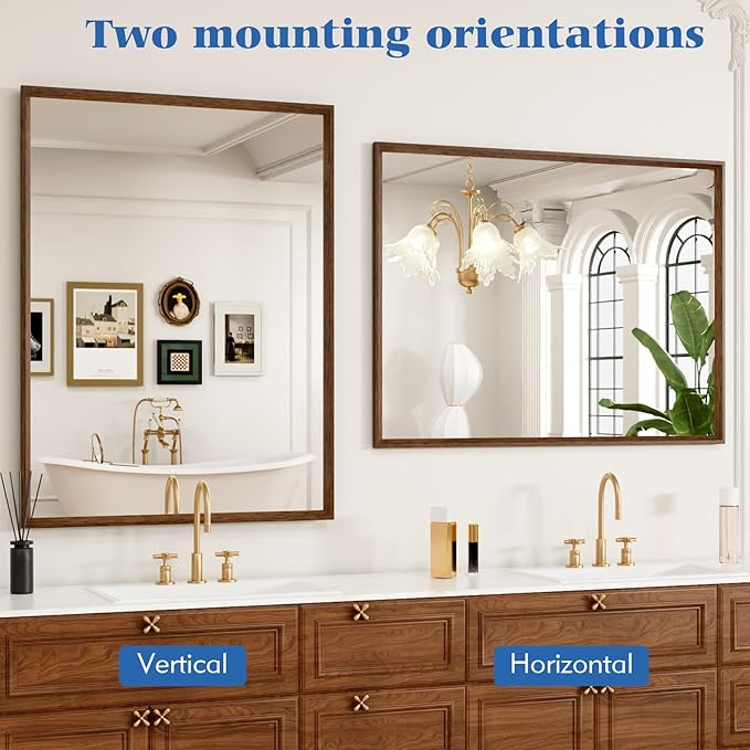 Rectangle Bathroom Mirror 30x36 Inch, Walnut Wood Grain Framed, Anti-Rust &amp; 4mm Tempered Glass, Horizontal/Vertical Hanging Vanity Mirror for Bathroom &amp; Bedroom