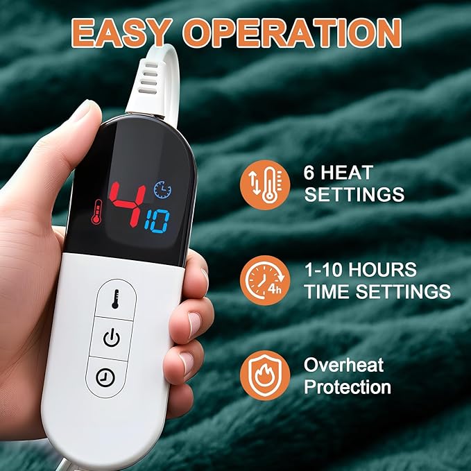 Heated Blanket Electric Throw Blanket 62''X 84''-Heating Blanket with 6 Heat Settings-4/10 Hours Auto Off,Cozy Faux Rabbit Fur Bubble Electric Blanket,Dark Green