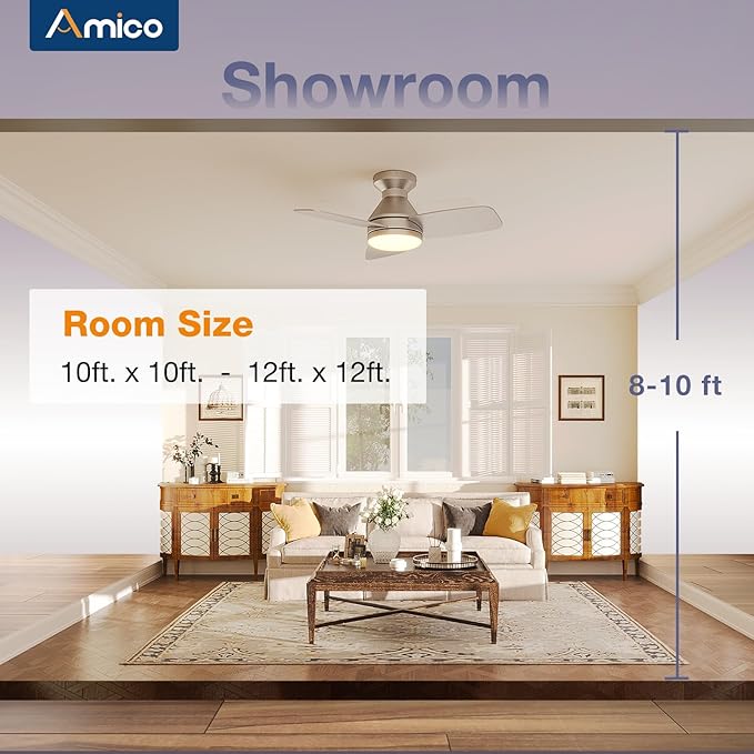 Amico Ceiling Fans with Lights, 30 Inch Low Profile Ceiling Fan with Light and Remote Control, Flush Mount, Reversible, 3CCT, Dimmable, Noiseless, Silver Ceiling Fan for Bedroom, Indoor/Outdoor Use