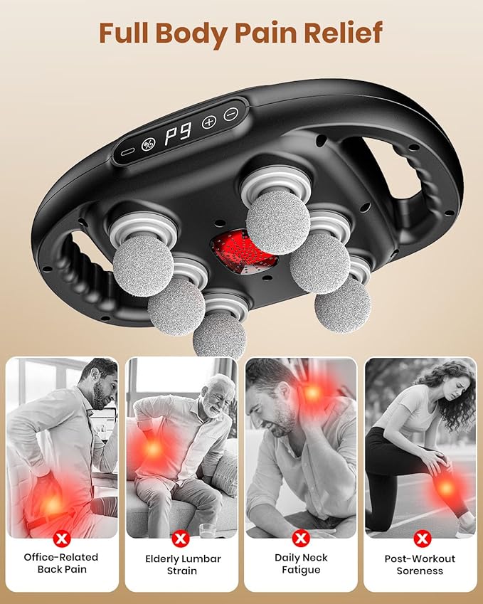 6-Head Massage Gun, Deep Tissue Back Massager with 9 Adjustable Intensities & 9 Modes, Electric Percussion Massager, Gun Tool for Back/Shoulders/Legs/Arms/Neck & Full Body Muscle Pain Relief