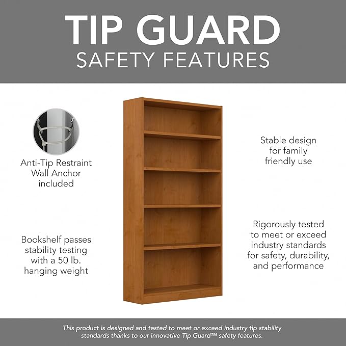 Bush Furniture Universal Tall 5 Shelf Bookcase in Natural Cherry