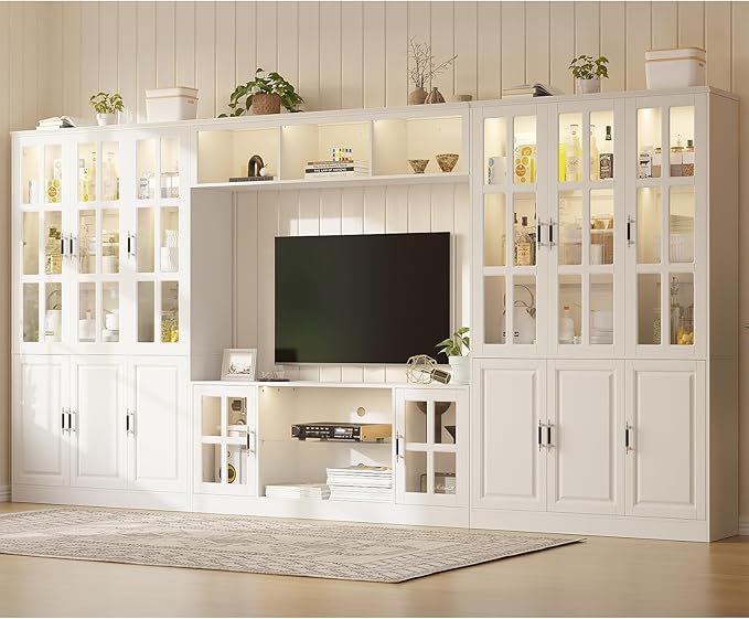 MEISSALIVVE 4-Piece Wall Unit TV Stand with Storage & LED Lights for TVs up to 75", Modern Entertainment Center with Bookshelves & 6-Door Pantry Cabinet, White
