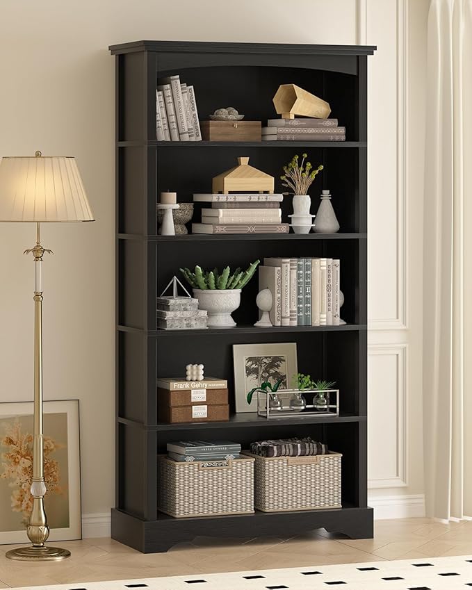 TVU 5-Tier Wooden Bookshelf, 65 Inch Tall Bookshelf with Storage, Floor Standing Modern Style Display Bookcase for Living Room, Office, Study Room, Entryway, Black