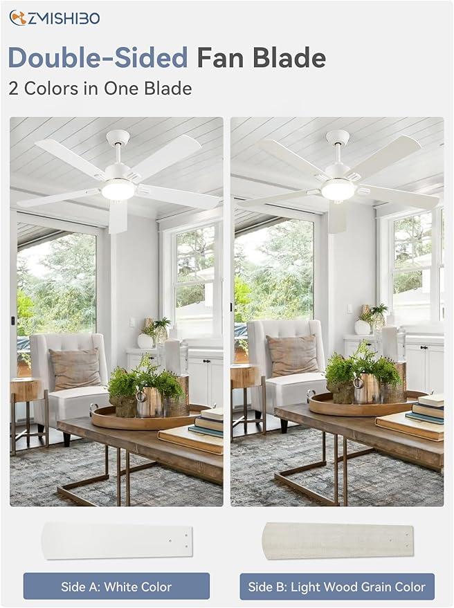 ZMISHIBO 2 Pack 52" Ceiling Fans with Lights, White Modern Ceiling Fan with Remote, Bedroom Indoor Ceiling Fan with Dual Finish Blades, Quiet & Strong Motor, Bright LED Light.