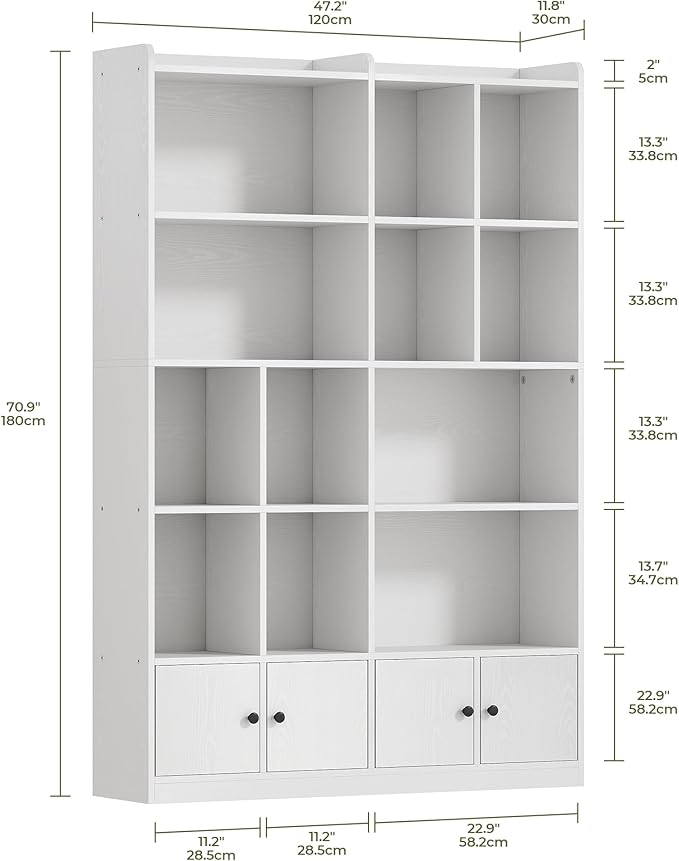 IRONCK Bookshelfs and Bookcase, 6 Tiers Large Bookshelf with 4 Doors, Floor Standing Tall Display Storage Shelves for Home Office, Living Room, Bedroom, White