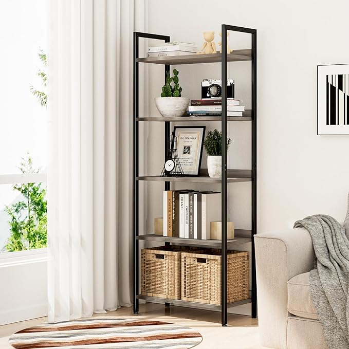 NUMENN Bookshelf, 5 Tier Bookshelfs, Home Office Bookcase Shelf Storage Organizer, Free Standing Storage Shelving Unit for Bedroom, Living Room and Home Office, Gray