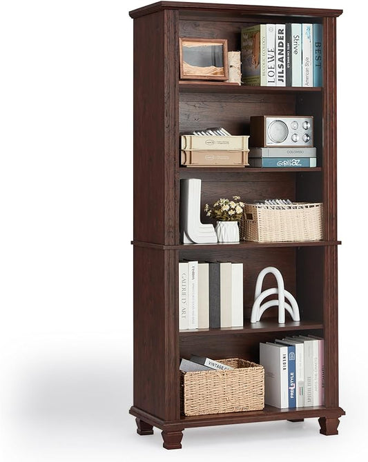 70" Tall Walnut Bookshelf,5 Tier Wooden Book Shelf with Adjustable Shelves & Wood Legs,Free Standing Farmhouse Bookcase with Open Display Storage,Vintage Bookshelves for Classroom, Office