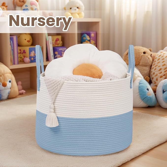 Woven Blanket Basket,115L Large Rope Storage Bin with Handles, Organizer for Blankets Toys Book and Clothes, Laundry Basket for Living Room Bedroom Nursery,White&amp;Blue