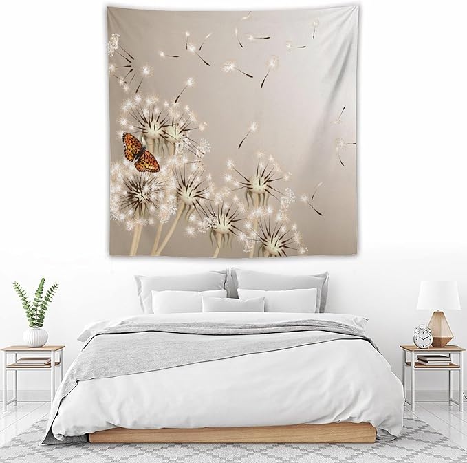 Nature Tapestry,Floral Dandelion Flying Butterfly Flower Plant Theme Print Tapestries for Living Room Party Beach Picnic Blankets Tablecloths Wall Decor, 60x60 in