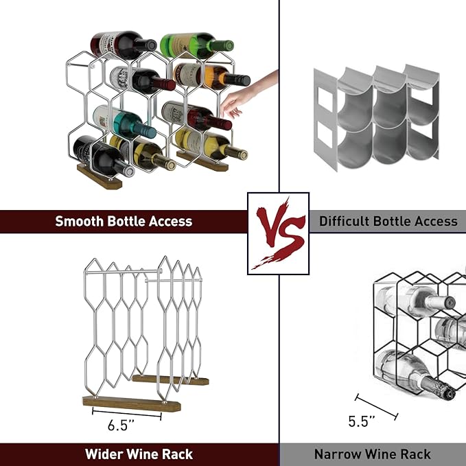 Buruis Countertop Wine Rack with Acacia Base, 14-Bottle Modern Freestanding Metal Holder for Red and White Wine, Tabletop, Kitchen, Bar, and Cabinet Storage (Chrome)