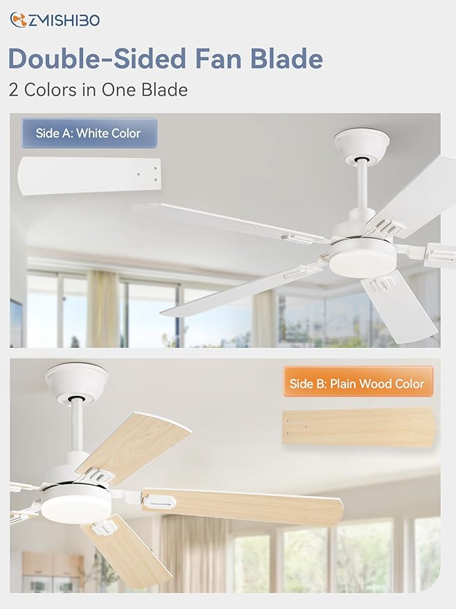 ZMISHIBO 52" Ceiling Fans with Lights, White Modern Ceiling Fan with Remote, bedroom Indoor Ceiling Fan with Dual Finish Blades, Quiet & Strong Motor, Bright LED Light.