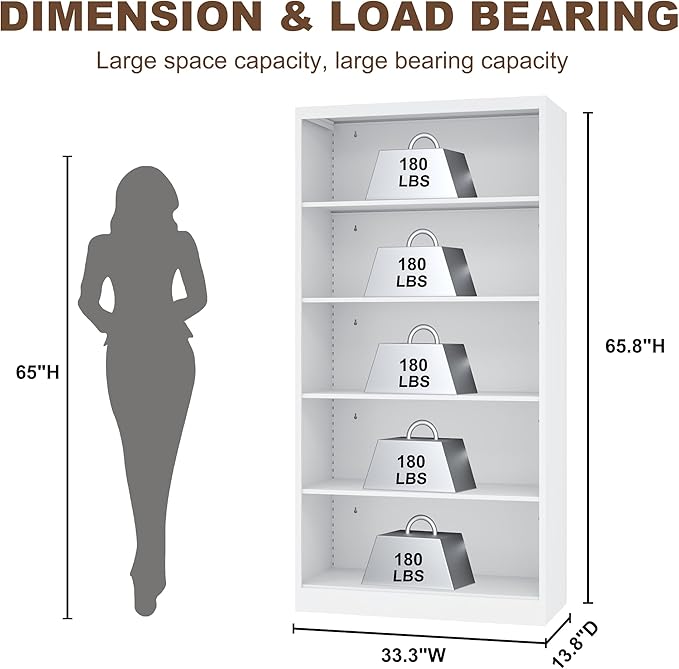 Book Shelf Organizer, Metal Bookshelfs Adjustable, 5 Tier White Bookcase, Heavy Duty Open Bookshelf for Office, Living Room, Library, Bedroom, 65.8" Tall