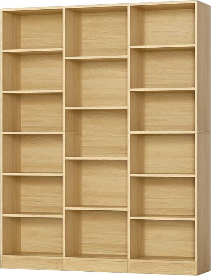 Triple Wide Bookshelf, 6 Tier Large Bookshelf, Bookcase with 17 Open Display Shelves, 74'' Tall Bookcases and Bookshelfs for Living Room, Home Office, Library, Natural