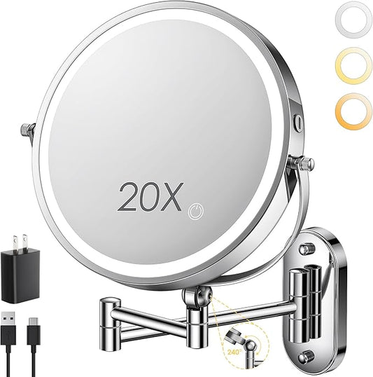 9" Wall Mounted Lighted Makeup Mirror,4000mAh Rechargeable Double Sided 1X/20X Magnifying Mirror with Light,Touch Dimmable,Extended Arm 360 Rotation Wall Mounted Makeup Mirror 3 Color Lights