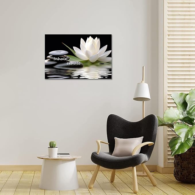 Zen Wall Art Inhale Exhale Canvas Prints Lotus Bloom in Water with Spa Stone Pictures for Zen Office Wall Decor Modern Spiritual Framed Artwork Poster (24 x 36inches)