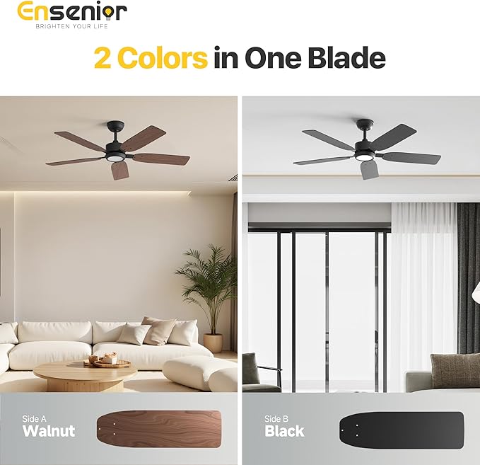 Ensenior Ceiling Fans with Lights and Remote, 52 Inch Black Ceiling Fan with Light, 6 Speeds, 3CCT, Noiseless, Reversible DC Motor, Modern Ceiling Fan for Bedroom and Living Room - 5 Blades