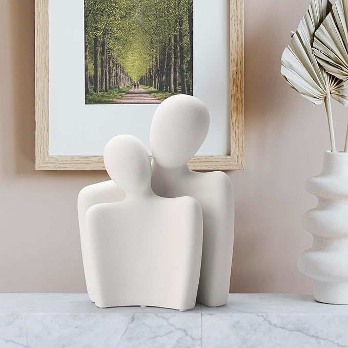 Ceramic Couple Statues for Home Decor, Hugging Couple Figurines for Shelf and Table Decor, Modern Romantic Sculptures for Living Room Bedroom Office Decor, White