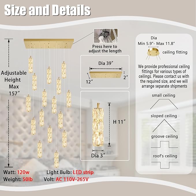 16-Lights Modern Crystal Chandelier Rectangular Dining Room Chandeliers LED Pendant Lighting Fixture for Kitchen Island High Ceiling Chandelier for Staircase Foyer Entryway