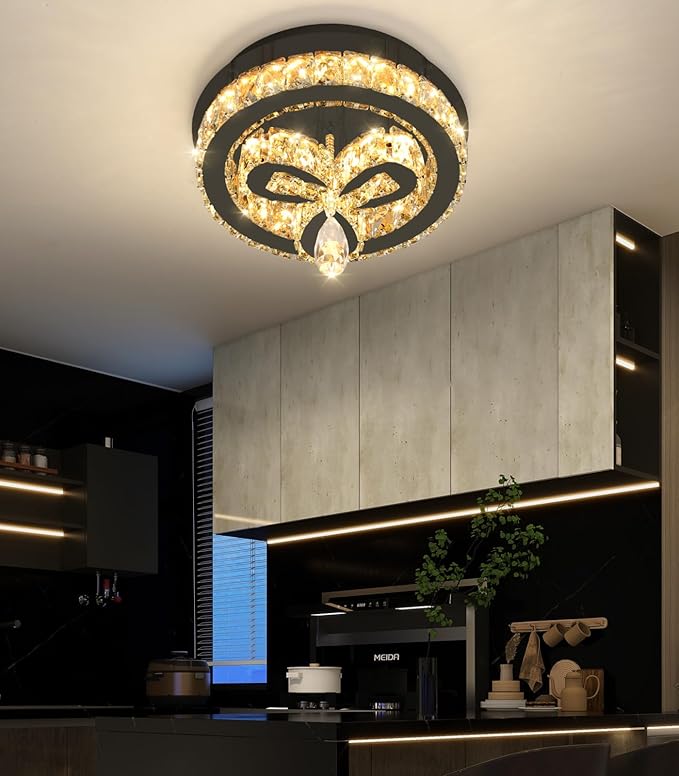 12'' Modern Crystal Chandelier LED Dimmable Flush Mount Ceiling Light Pendant Light for Hallway Living Room Bedroom Dining Room Foyer Black