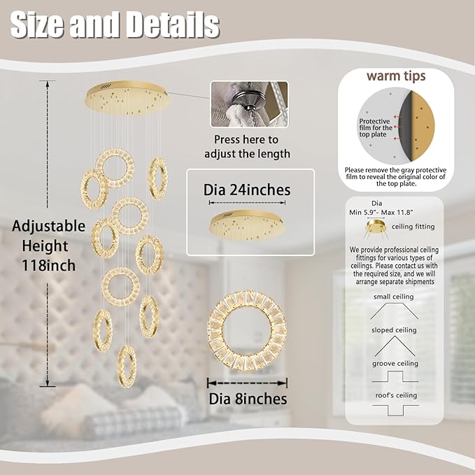 10 Rings High Ceiling Chandelier,Gold Rings Chandeliers,Staircase Chandelier with Remote,Foyer Chandeliers Entryway High Ceilings