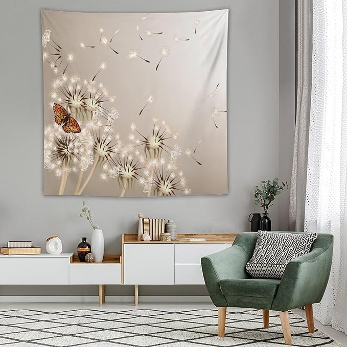 Nature Tapestry,Floral Dandelion Flying Butterfly Flower Plant Theme Print Tapestries for Living Room Party Beach Picnic Blankets Tablecloths Wall Decor, 60x60 in