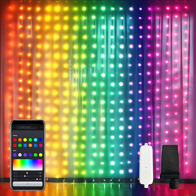 JMEXSUSS App-Controlled Color Changing Curtain Lights, 400 LED RGB String Lights for Halloween, Bedroom, Window, Wall, Party, Backdrop, Christmas, Indoor, and Outdoor Decorations, 6.5x6.5ft