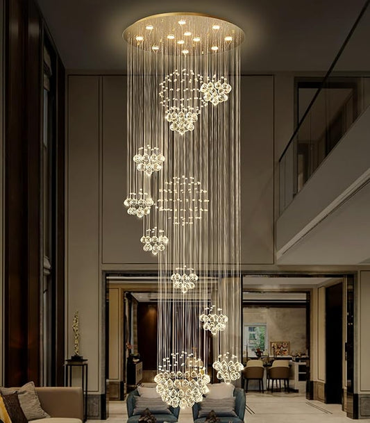 118'' Modern Large Chandelier for Foyer Raindrop Crystal Chandeliers LED Dimmable High Ceiling Flush Mount Light Fixtures for Staircaes Hallway Entryway Gold