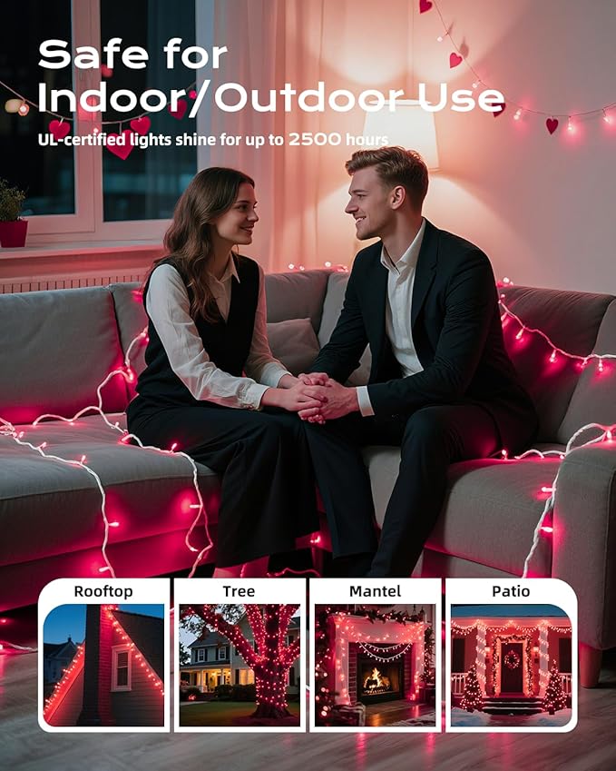 Brightown Pink Mini String Lights, 100-Count 26.5ft Incandescent Bulb Valentine's Day Fairy Lights for Indoor Holiday Decoration, Christmas Tree Garland Wedding Party Multi-Use Decor, White Wire