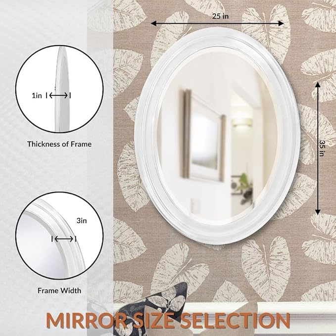 Howard Elliott George Oval Glossy White Wall Mirror, Oval Bevelled Hanging Wood Framed Vanity Mirrors for Home Decor, Living Room, Bathroom, Bedroom, or Hallway, 25 x 33 Inch