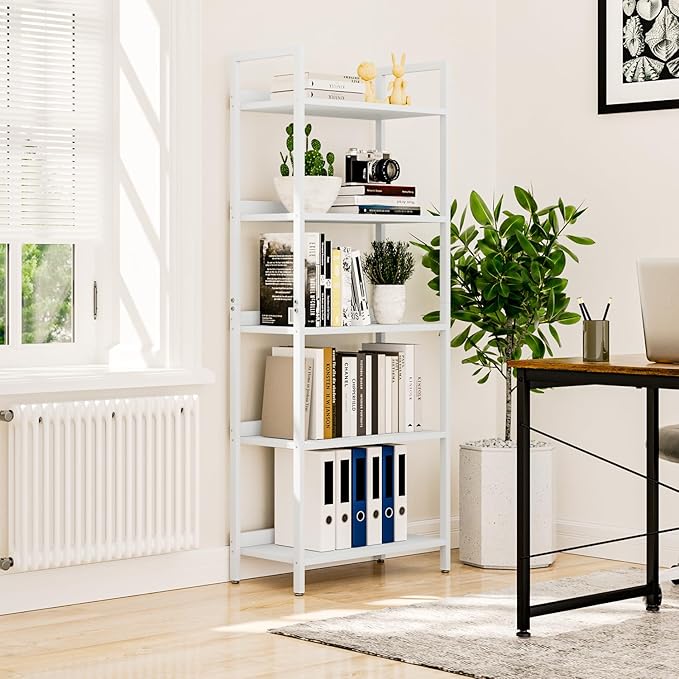 NUMENN Bookshelf, 5 Tier Bookshelfs, Home Office Bookcase Shelf Storage Organizer, Free Standing Storage Shelving Unit for Bedroom, Living Room and Home Office, White
