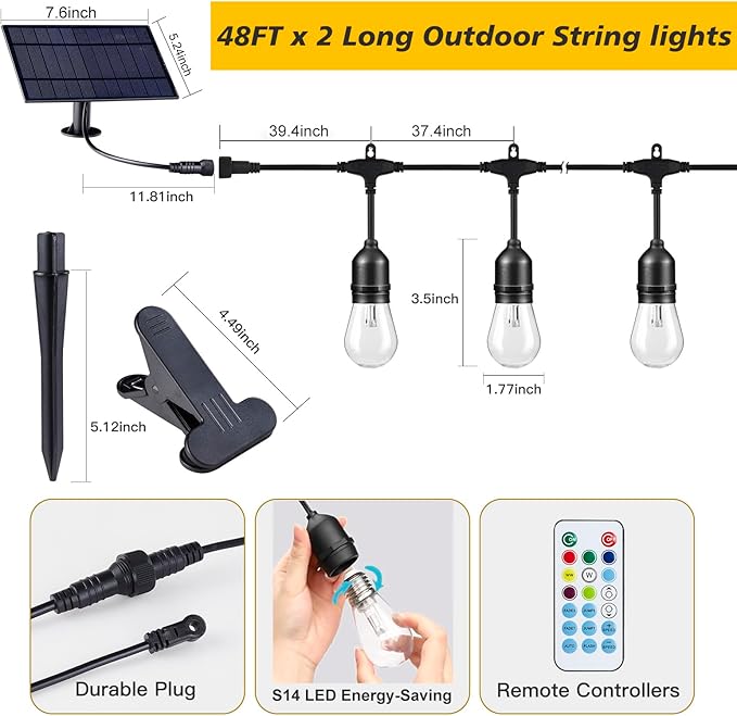 Auroraworld 96FT Solar RGB Outdoor String Lights, Dimmable Waterproof LED Patio Lights with Remote, 30 Shatterproof Bulbs for Garden Party Decor