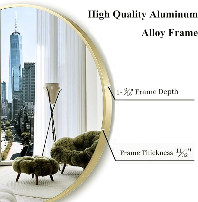 24 inch Gold Circle Mirror for Bathroom, Round Matte Gold Framed Mirror for Bathroom Vanity, Bedroom, Living Room, Wall Decor